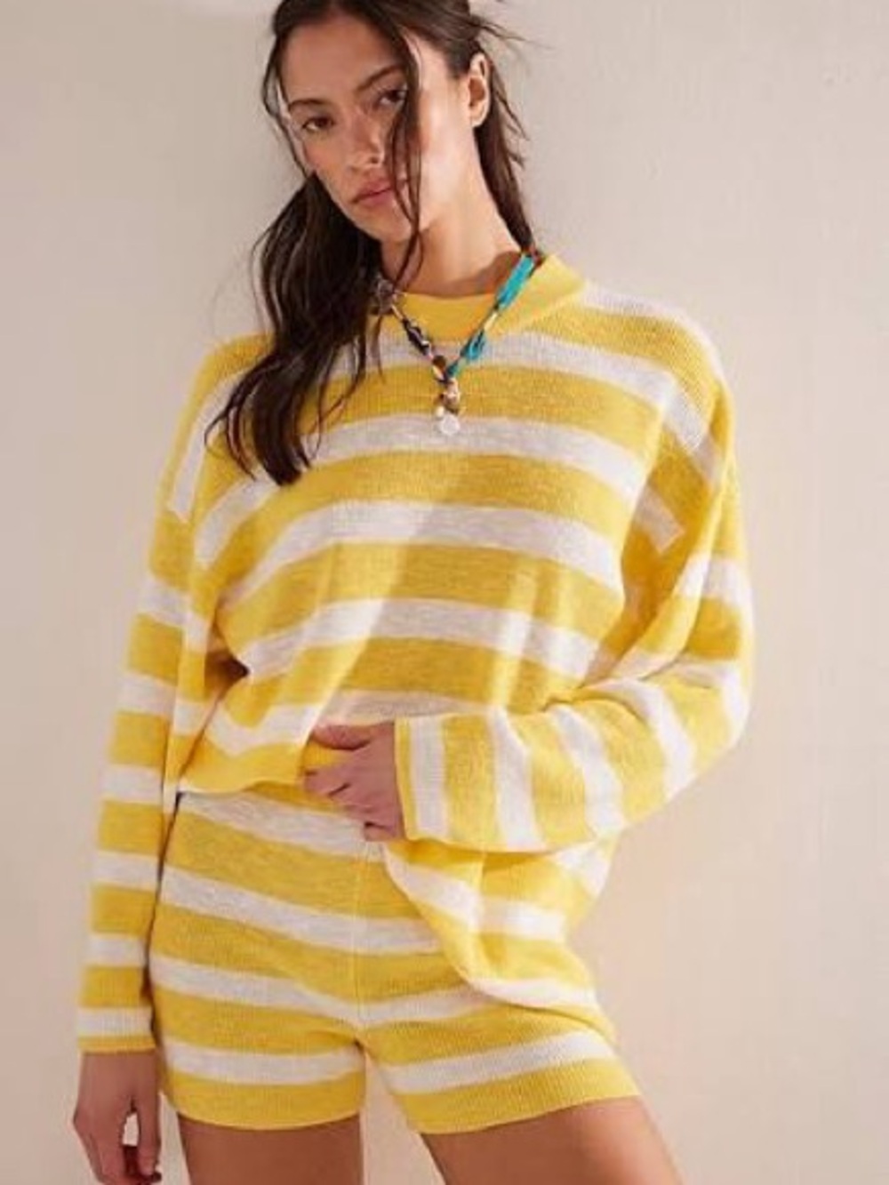 Free People Yellow & White Striped Crewneck Sweater